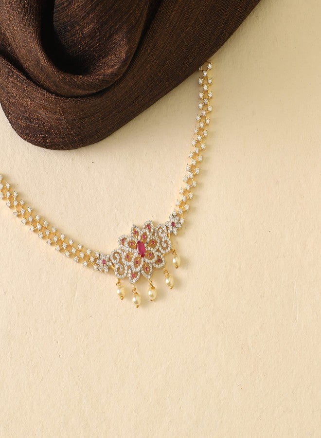 TARINIKA Yellow Gold Beli Nakshatra CZ Short Necklace Set with Floral Design - Indian Jewelry Sets for Women | Perfect for Casual Occasions | Traditional South Indian Necklace | 1 Year Warranty* - Image 3